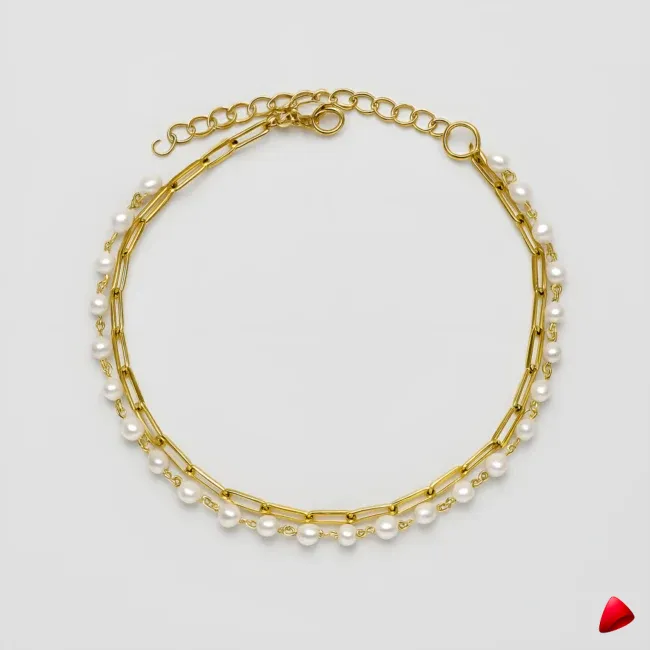 Bracelet Cheville Travesti Paperclip Perles Double Or Acier - image principale