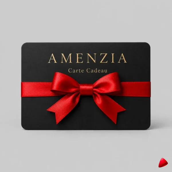 Carte cadeau Amenzia noire et doree avec ruban rouge, cadeau discret feminisation travesti et crossdresser