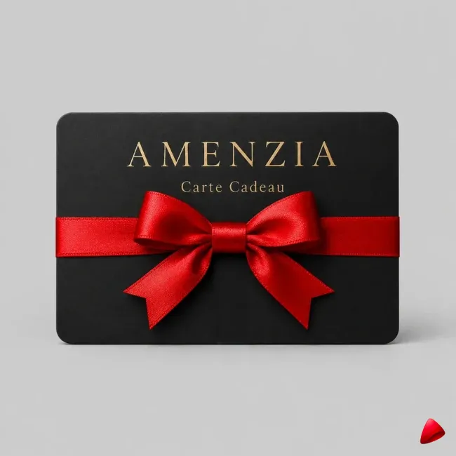 Carte cadeau Amenzia noire et doree avec ruban rouge, cadeau discret feminisation travesti et crossdresser