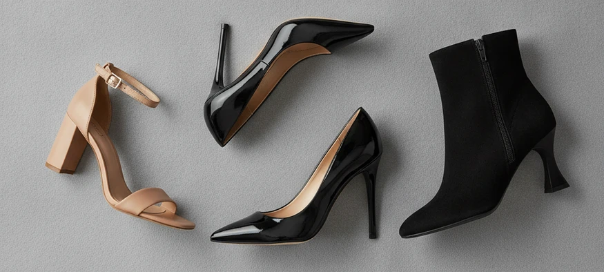 Chaussures travesti grande pointure : escarpin, sandale et bottine féminins sur fond gris - Amenzia