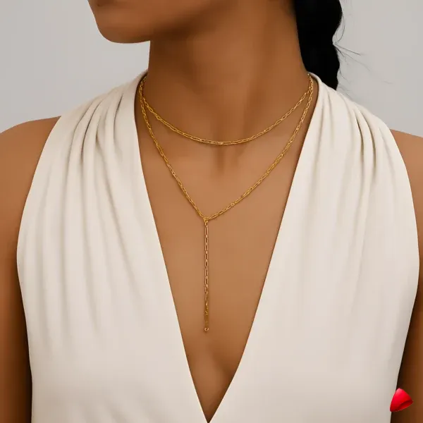 Collier Travesti Levres Double Couche Frange Perle Or - image principale