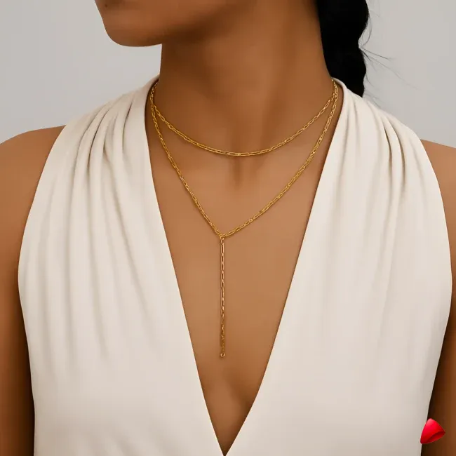 Collier Travesti Levres Double Couche Frange Perle Or - image principale