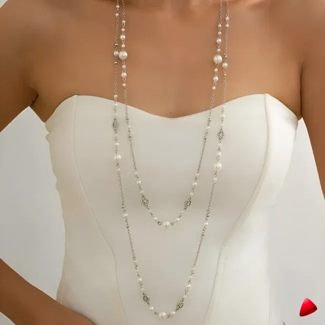 Collier Travesti Long Perles Imitation Retro Double Couche - galerie