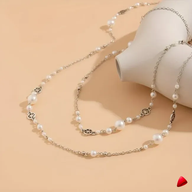Collier Travesti Long Perles Imitation Retro Double Couche - galerie