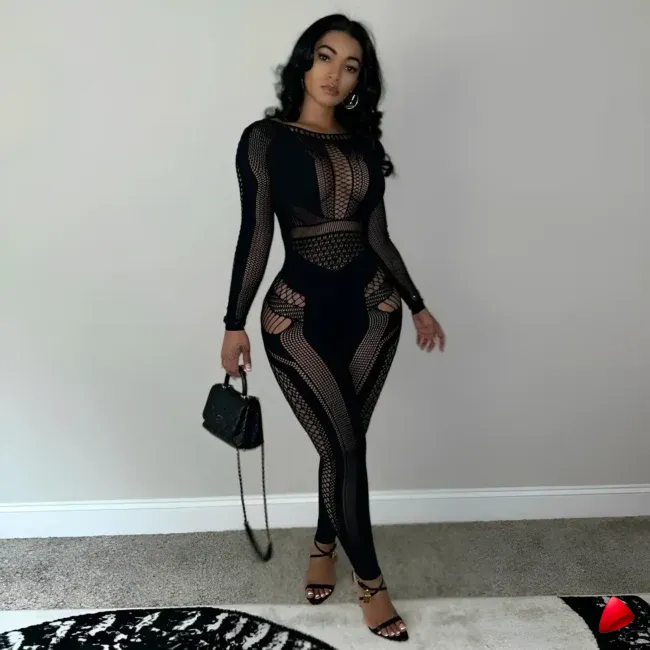 Combinaison Travesti Mesh See-Through Sexy Clubwear Jumpsuit — galerie