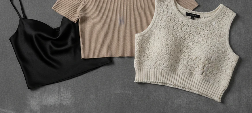 Trois crop tops féminins pour un crop top travesti, posés sur fond gris - Amenzia