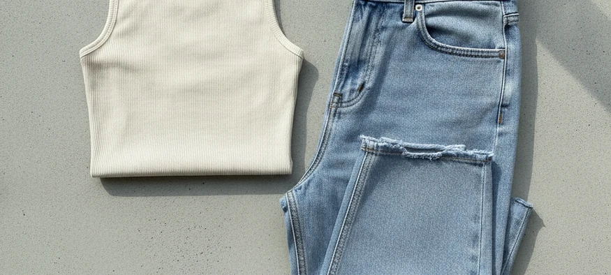 Crop top côtelé associé à un jean taille haute pour féminiser la silhouette - Amenzia
