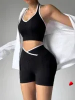 Ensemble Sport Travesti Patchwork Noir Blanc Halter + Short — galerie