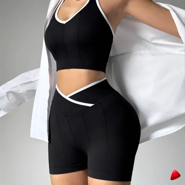 Ensemble Sport Travesti Patchwork Noir Blanc Halter + Short — galerie