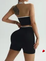 Ensemble Sport Travesti Patchwork Noir Blanc Halter + Short — galerie