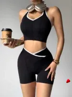 Ensemble Sport Travesti Patchwork Noir Blanc Halter + Short — galerie