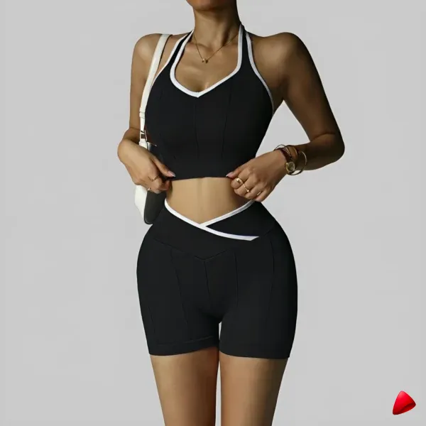 Ensemble Sport Travesti Patchwork Noir Blanc Halter + Short — image principale