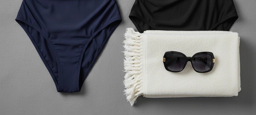 Maillot de bain travesti féminin posé sur fond gris pour une silhouette discrète à la plage - Amenzia