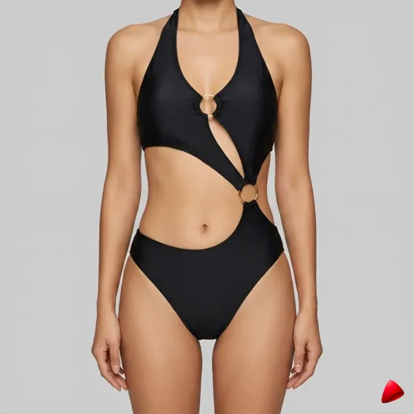 Maillot Travesti Monokini Noir Anneau Découpe Coupe Haute - galerie