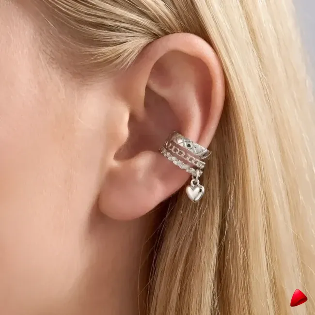 Manchette Oreille Travesti Coeur Pendentif Argent Acier - galerie