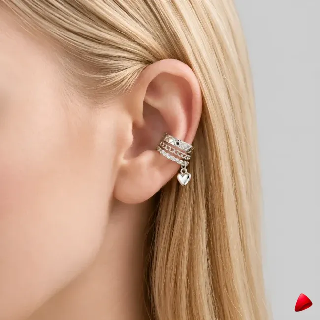 Manchette Oreille Travesti Coeur Pendentif Argent Acier - image principale