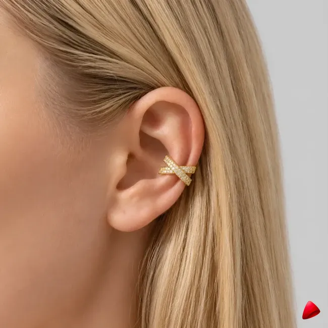 Manchette Oreille Travesti Croix Zircon Pave Or Acier - image principale
