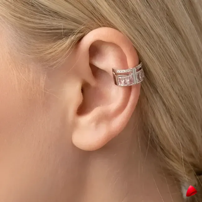 Manchette Oreille Travesti Double Rang Zircon Argent Acier - galerie