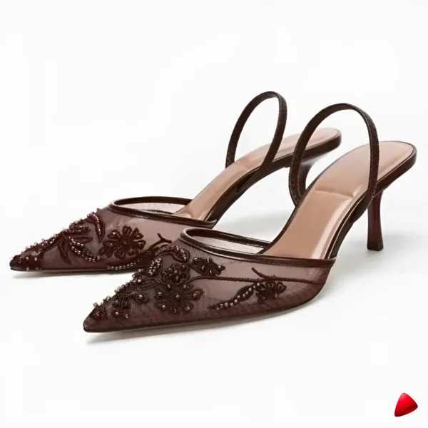 Mule Travesti Slingback Maille Brodee Kitten Heel Marron — galerie