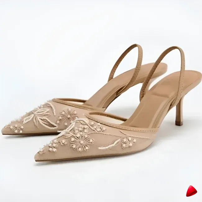 Mule Travesti Slingback Maille Brodee Kitten Heel Marron — galerie