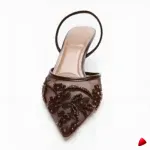 Mule Travesti Slingback Maille Brodee Kitten Heel Marron — galerie