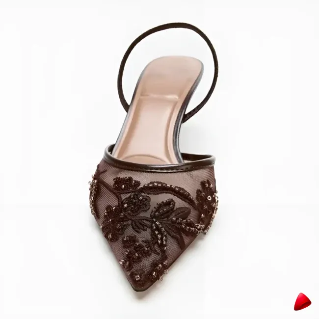 Mule Travesti Slingback Maille Brodee Kitten Heel Marron — galerie