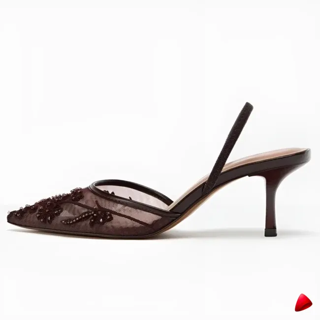 Mule Travesti Slingback Maille Brodee Kitten Heel Marron — galerie