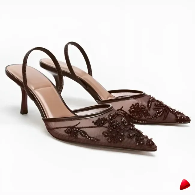Mule Travesti Slingback Maille Brodee Kitten Heel Marron — galerie