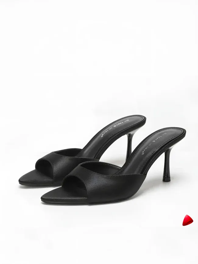 Mule Travesti Satin Slipper Bout Pointu Talon Aiguille Effile — galerie