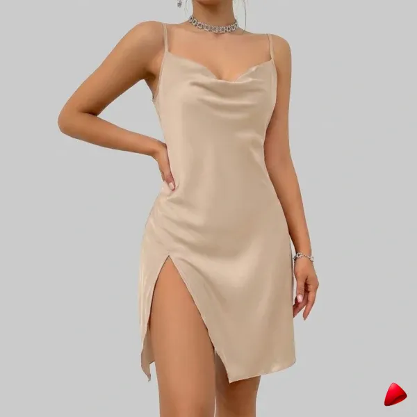 Nuisette Travesti Satin Slip V-Neck Fendue Mini