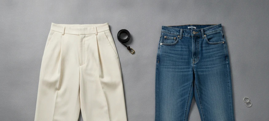 Pantalon travesti coupe féminine taille haute pour créer une silhouette, posé sur fond gris - Amenzia