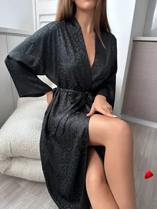 Peignoir Travesti Jacquard Leopard Long Kimono Ceinturé — galerie
