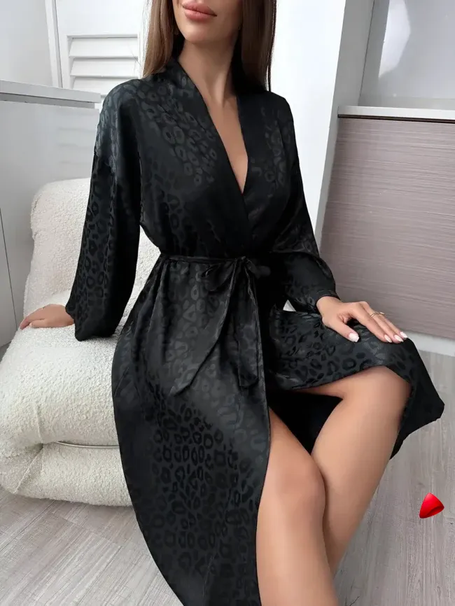 Peignoir Travesti Jacquard Leopard Long Kimono Ceinturé — galerie
