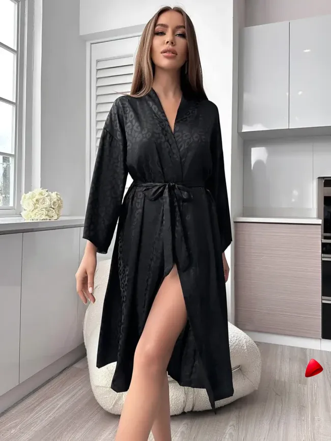 Peignoir Travesti Jacquard Leopard Long Kimono Ceinturé — galerie