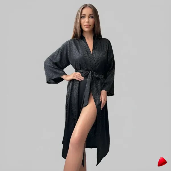 Peignoir Travesti Jacquard Leopard Long Kimono Ceinturé — image principale