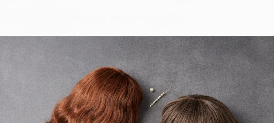 Deux perruques féminines premium pour une première perruque travesti, posées sur fond gris - Amenzia