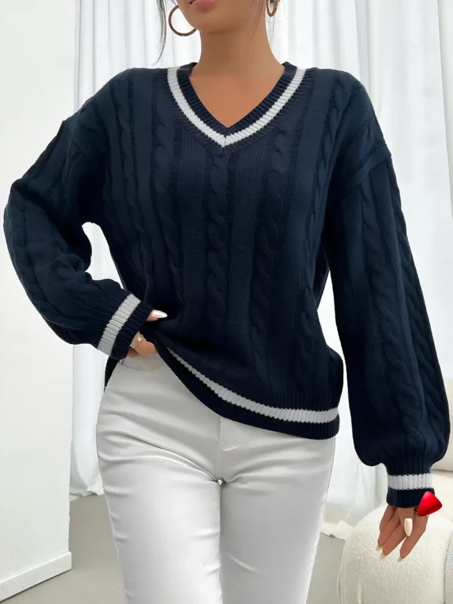 Pull Torsadé Travesti V-Neck Stripes Câbles — galerie