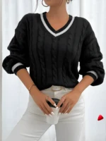 Pull Torsadé Travesti V-Neck Stripes Câbles — galerie