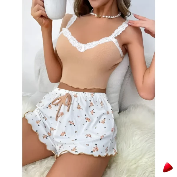 Ensemble Pyjama Cami Dentelle V-Neck Travesti — galerie