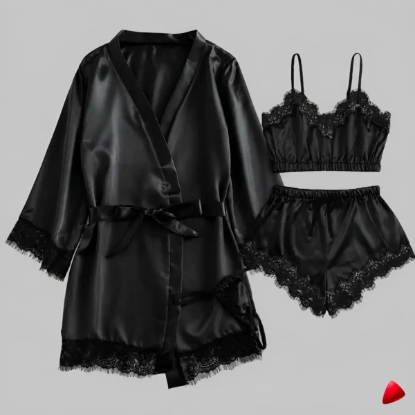 Ensemble Pyjama Satin Dentelle 4 Pièces Travesti Kimono — galerie