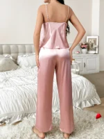 Ensemble Pyjama Travesti Satin V-Neck Pantalon Long Halter - galerie