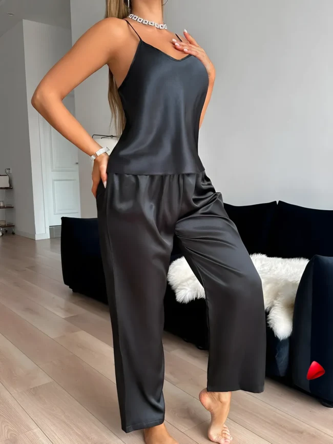 Ensemble Pyjama Travesti Satin V-Neck Pantalon Long Halter - galerie