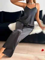 Ensemble Pyjama Travesti Satin V-Neck Pantalon Long Halter - galerie