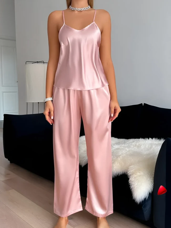 Ensemble Pyjama Travesti Satin V-Neck Pantalon Long Halter - galerie
