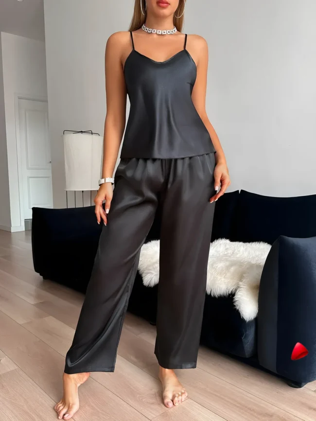 Ensemble Pyjama Travesti Satin V-Neck Pantalon Long Halter - galerie