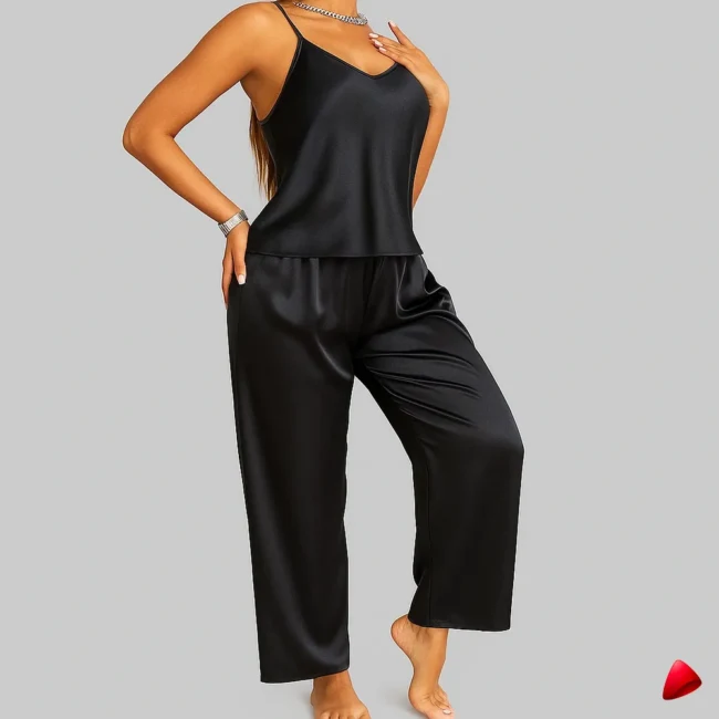 Ensemble Pyjama Travesti Satin V-Neck Pantalon Long Halter - photo principale travesti & crossdresser