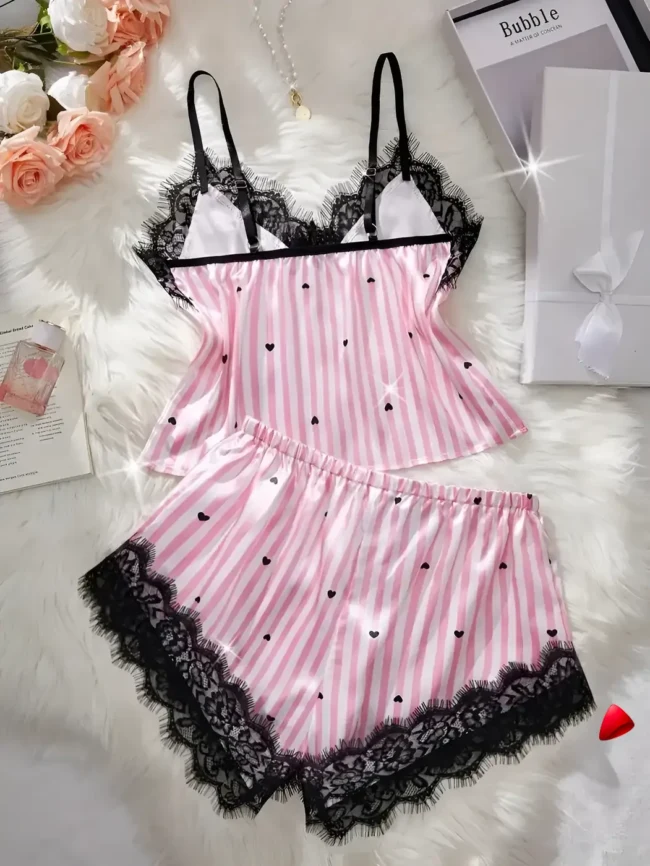 Ensemble Pyjama Travesti Satin Rayé Dentelle V-Neck - galerie