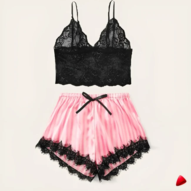 Ensemble Pyjama Travesti Satin Rayé Dentelle V-Neck - galerie