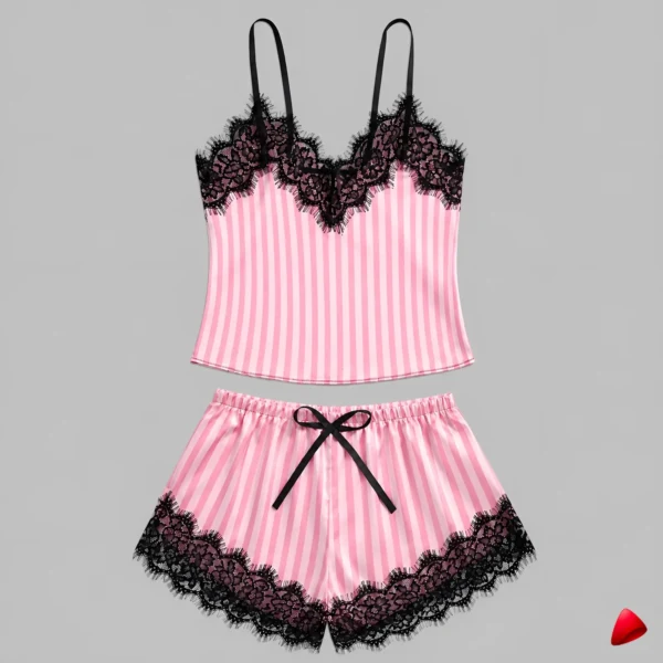 Ensemble Pyjama Travesti Satin Rayé Dentelle V-Neck — image principale