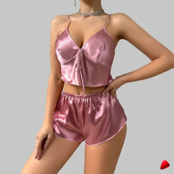 Ensemble Pyjama Travesti Satin V-Neck Lace Up Rose